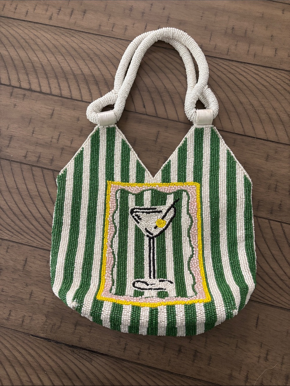 Beaded Green & White Striped Cocktail Tote